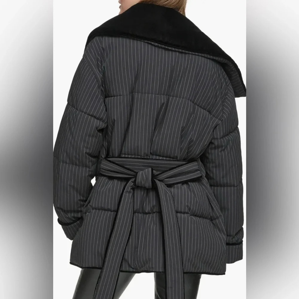 Andrew Marc Krithia Pinstripe Belted Puffer Coat - Picture 2 of 4